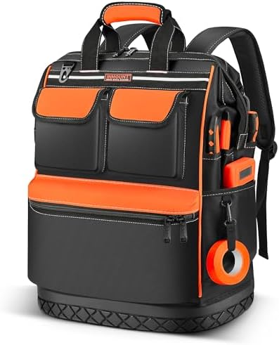 LOKASS Tool Backpack Heavy Duty, 18.5 in, 56 Pockets, Molded Bottom, Orange