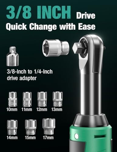 KIMO Extended Cordless Ratchet Wrench 3/8" Set, 400RPM 40Ft-Lbs 4-Inch Long Neck Electric Ratchet Wrench w/Variable Speed, 7 Sockets & 1/4" Adapter, 12V Power Ratchet Wrenches w/ 2x2.0 Ah Batteries