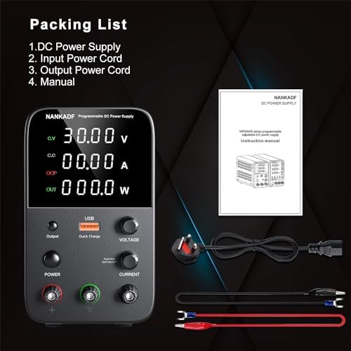 DC Power Supply Variable, Bench Power Supply with Encoder Adjustment Knob, Output Enable/Disable Button, Adjustable Power Supplies with USB Quick-Charge, Short Circuit Alam (30V 5A Black)