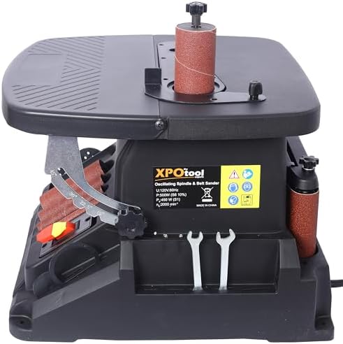 Oscillating Spindle Sander & Belt Sander, 2 in 1 Woodworking Machine, 500W Motor, 5/8" Stroke, 5 Sleeves & 4" X 24" Belt, 0-45° Tilting Table