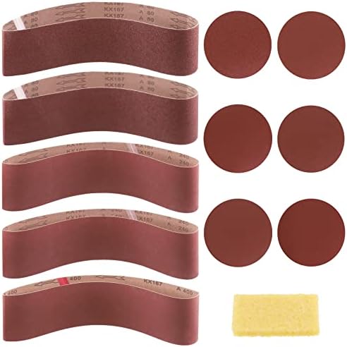 Swpeet 23Pcs 4 x 36 Inch Aluminum Oxide Sanding Belts (80/120/150/240/400 Grits) with 6 Inch No-hole Back Flocking Sanding Disc (80/100/120/180/240/400 Grits) and Cleaning Eraser