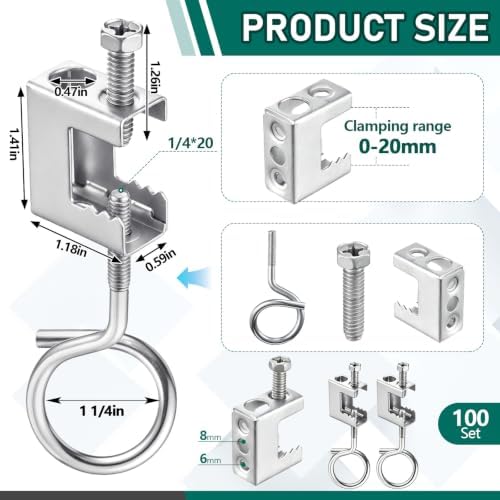 Tandefio 100 Set 1/4"-20 Spring Steel Beam Clamps Metal Beam Hangers Bolt on Clamp with Metal Machine Threaded Bridle Rings for Pipe Cable Woodworking Tool (Silver,1 1/4 Inch Bridle Rings)