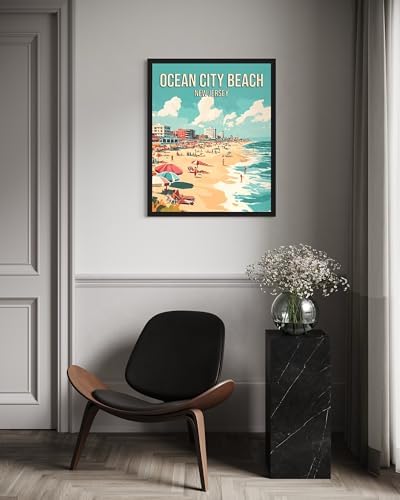 Ocean City Beach New Jersey Black Framed Wall Art Print Poster, US Vintage Retro Beach Scenery Posters Prints for Restroom Home Picture Painting Artwork Gallery 219 (Ocean City Beach New Jersey, 24"L x 18"W, Black Frame)