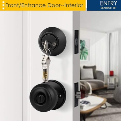 1 Pack Keyed Alike Entry Door Knobs and Double Cylinder Deadbolt Lock Combo Set, Matte Black Finished Door Lock Set, Round Style Door Knobs Deadbolt