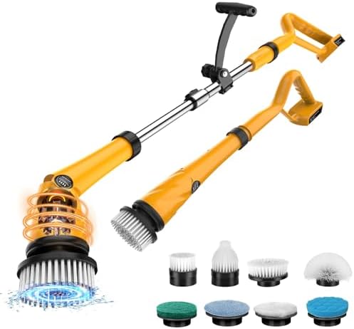 1500 RPM Electric Spin Scrubber for DeWalt 20V Battery, Power Shower Scrubber for Bathroom/Floor/Bathtub/Toilet/Tile,Electric Cleaning Brush with Long Handle & 8 Replaceable Brush (Yellow)