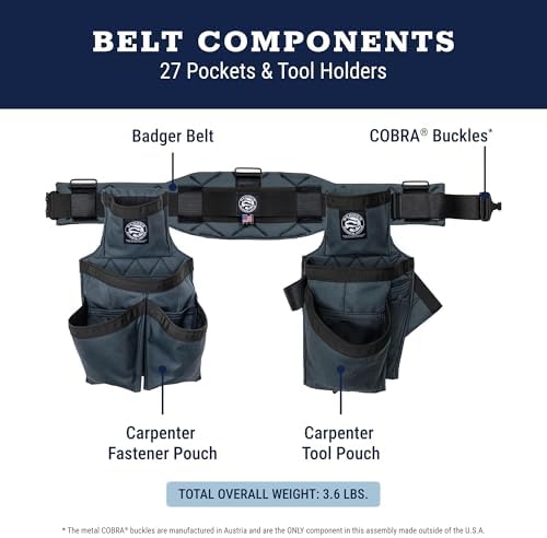 Occidental Leather Badger Carpenter Set - Small, Gunmetal Grey - 27 Pockets & Tool Holders - Made in USA
