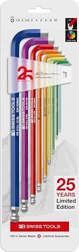 PB Swiss Tools Limited Edition 25Y Rainbow Hex Key Set PB 212.LH-10RB25YCN | 100% Swiss Made | 9-Piece Allen Wrench Set Color Coded by Size 1.5-10mm with Ball End