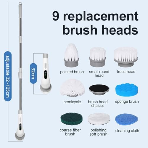 Cordless Cleaning Brush Scrubber for Home, Electric Spin Scrubber, 9 Replaceable Brush Heads, 50Mins Work Time, 3 Adjustable Size, 3 Strong Speeds for Bathroom Shower Bathtub Car Glass, Black Color
