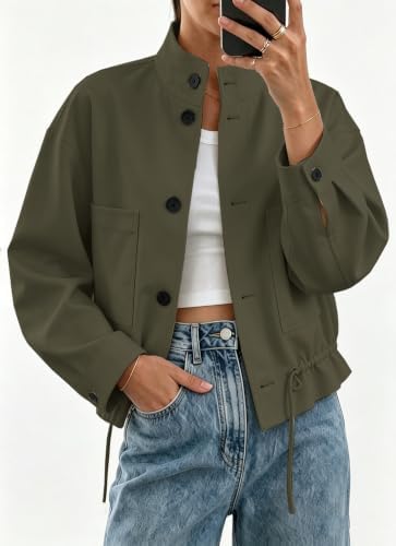 Womens Funnel Neck Jackets Fall Casual Ruffle Hem Cropped Coats