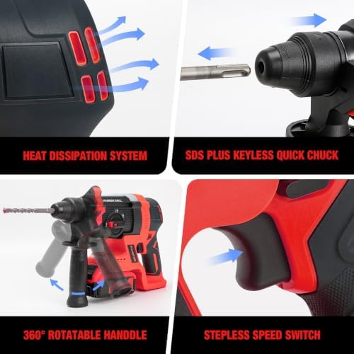 SDS Plus Cordless Rotary Hammer Drill for Milwaukee M18 Battery, Hammer Drill 18v Brushless for Concrete/Masonry/Wood/Metal, Rotomartillo, 4 Functions, 5 Drills with Gloves (Battery Not Included)