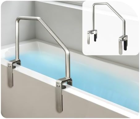 Bathtub Rail Safety Grab Bar, Clamp on Tub Handles for Seniors, Adjustable Bath Tub Rails for Elderly Adults Support Bars Shower No Drill, Handicap Bathtub Helper Railing for Side of Tub