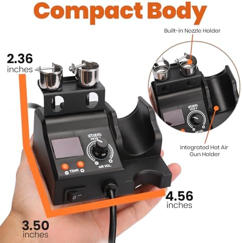 8858-V Compact Entry-Level Hot Air Rework Station Iron Kit with Integrated Design, 3 Hot Air Nozzles, PID Temp Control, Adjustable Temp & Air Volume, °C/°F Conversion, Auto Stand-by Mode
