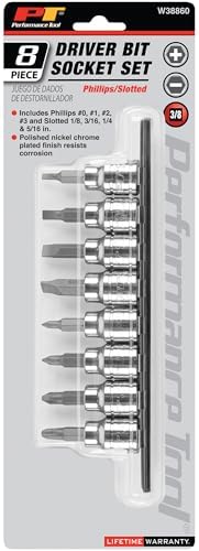 Performance Tool W38860 8-Piece 3/8 in. Drive Screwdriver Bit Socket Set | Automotive SAE slotted and Phillips S2 steel bits. Chrome vanadium sockets. Includes steel socket clip rail