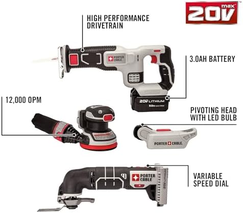 PORTER-CABLE 20V MAX Lithium Ion 8-Tool Set, 2 Batteries & Charger Included (PCCK6118)