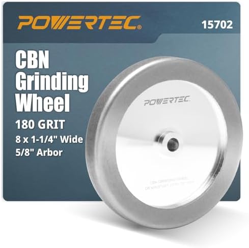 POWERTEC CBN Grinding Wheel 8 Inch 180 Grit, 1-1/4" Wide, 5/8" Arbor – 4-in-1 CBN Sharpening Wheel with 1/4" Radius Edge and Side Face for Bench Grinder (15702)