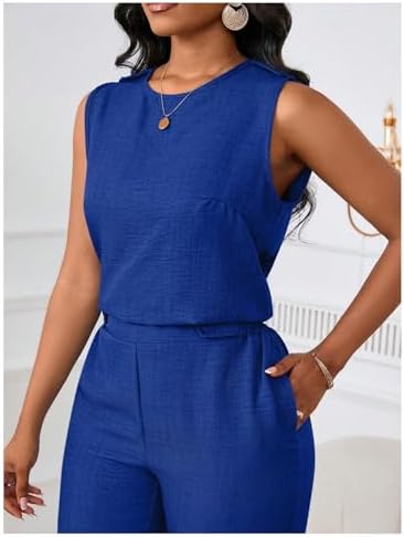 Floerns Women's 2 Piece Sets Dressy Outfits Bussiness casual Crew Neck Sleeveless Blouse and Elegant Pants Set