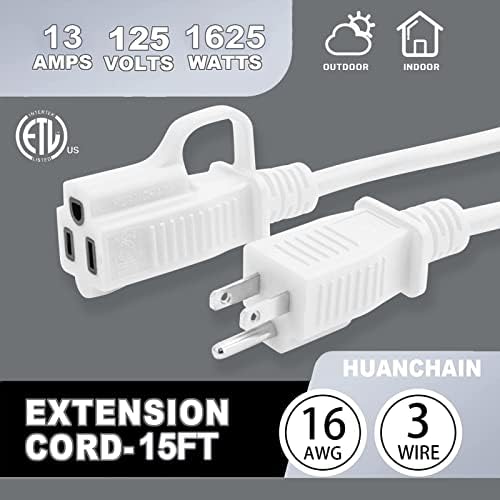 HUANCHAIN Indoor Outdoor White Extension Cord 15 FT Waterproof 16/3 Gauge