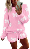 Ekouaer Fuzzy Fleece Pajamas 2 Piece Warm Soft Lounge Set Long Sleeve Sweater Top and Shorts Loungewear Outfits Sweatsuits