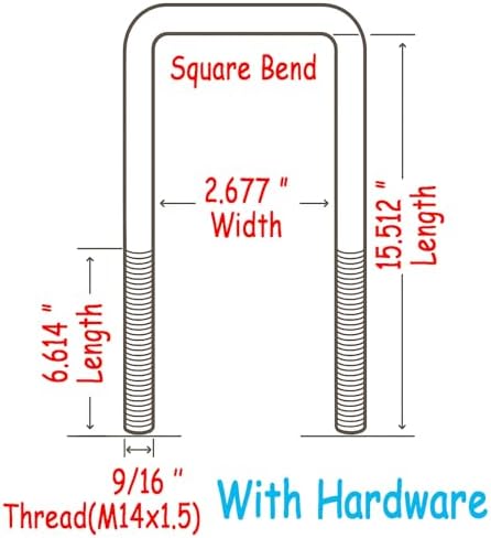 Extra Long Square U-Bolts M14 x 1.5 Thread, Fits 2.5" Leaf Springs, Approx. 15.5" Inside Length W/Hardware