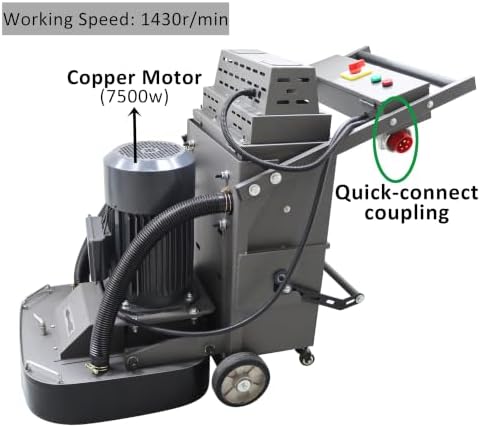TECHTONGDA 9-Head Electric Concrete Floor Grinding & Polishing Machine 19.6" Grinding Width with Pipe Fitting 40L Dust Collection Box 1430 RPM for Home Renovation Remodeling Garages 220V Single-phase