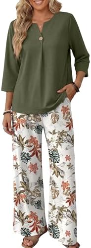 WIHOLL Two Piece Sets for Women 3/4 Length Sleeve Lounge Sets Summer Spring Vacation Travel Outfits Fashion Clothing