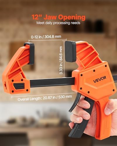 VEVOR Bar Clamps for Woodworking, 2-Pack 12 inch One-Handed Clamp/Spreader, Quick-Grip F-Clamp with 340 lbs Load Limit, Premium Plastic and Carbon Steel, for Woodworking Metal working, Orange + Black