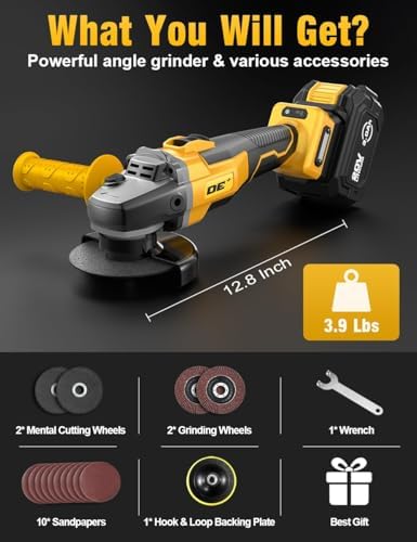 Brushless Angle Grinder, for DEWALT 20V Battery, 4-1/2" Cordless Small Angle Grinder with Auxiliary Handle, 10 Sandpapers, 2 Cutting & 2 Grinding Wheels, Pin Wrench, Lock-on Slide Switch for Polishing