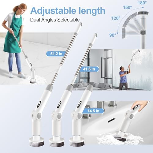 Electric Spin Scrubber, Adjustable Angle Cordless Shower Scrubber, Waterproof Bathroom Scrubber with Display & 7 Replaceable Brush Heads, Power Scrubber for Bathroom Floor Tub Tile（grey white 2）