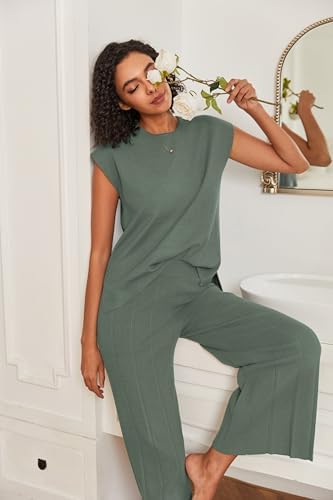Ekouaer Lounge Sets for Women Two Piece Outfits Knit Cap Sleeve Tops Wide Leg Pleated Pants Casual Dressy Sweater Sets