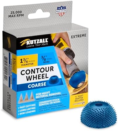 Kutzall Extreme Contour Wheel, 1-3⁄4" (44.5mm) Dia. X 3⁄8" (9.5mm) Bore, Coarse - Wood Carving Die Grinder Accessory for Bosch, Milwaukee, DeWalt. Abrasive Tungsten Carbide Coating CW134X90