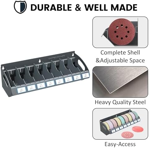 UNITEDPOWER Sanding Discs Holder, 8 Slots Wall Mount Metal Sandpaper Storage Rack for Workshop, Shed, Garage Classified Organization, Fit Most of Sandpaper
