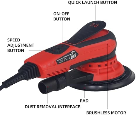 5mm Random Orbital Sander Wired，350W Brushless，4000-10K RPM Variable Speed ，Electric Palm Sander for Woodworking, Sanding and Polishing ，with 10 Sanding Paper & Dust Connector & Hose