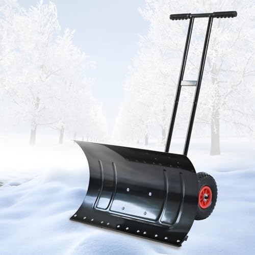 Snow Shovel with Wheels for Driveway, Heavy Duty Snow Pusher with Wheels and Angled Blade for Efficient Snow Removal, Back Saver Snow Plow with Safety Reflective Tape (Black)