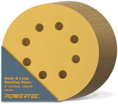 POWERTEC 1000 PCS 120 Grit - 5 Inch 8 Hole Hook and Loop Sanding Discs, 5" Sanding Pads for Automotive, Drywall, Woodworking with Orbital Sander, Air, and DA Sander (44012G-50-Case20)