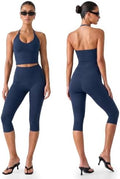 Workout Capri Gym Set for Women - 2 Piece Yoga Set with Leggings Halter Top