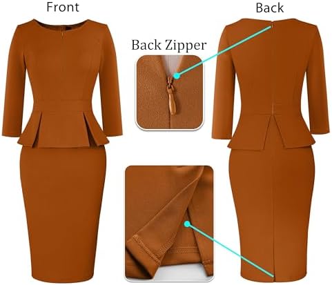 VFSHOW Womens Work Business Office Front Zipper Peplum Church Sheath Dress