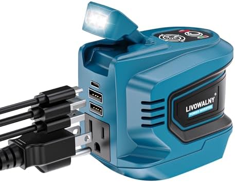 LIVOWALNY 220W-250W Power Inverter Compatible with Makita 18V Battery, DC 18V to AC 110-120V Power Station with 1 AC Outlet, 2 USB, 1 Type-C & LED Light, for Camping Power Outage (No Battery)
