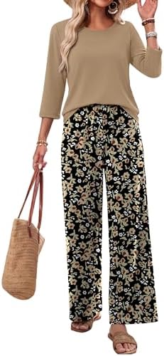 WIHOLL Two Piece Sets for Women Lounge 3/4 Length Sleeve Womens Tops Graphic Pants with Pockets Summer Outfits 2026