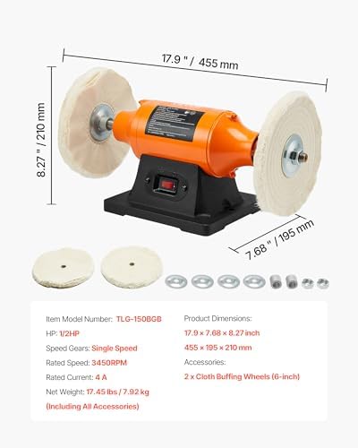 VEVOR 1/2HP Bench Buffer Polisher, 6-inch Bench Polishing Buffing Machine, 3450RPM Single Speed Benchtop Polisher with 2PCS Cloth Wheels & Cast Iron Base for Metal, Jewelry, Wood Polishing