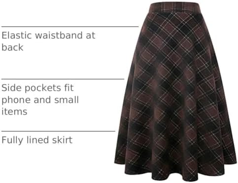 IDEALSANXUN Womens Plaid Wool Skirts Elastic Waist A-Line Pleated Tartan Long Skirts