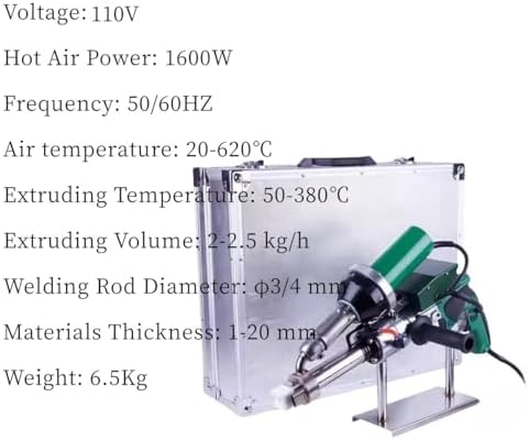 1600W Hand Extrusion Welder Gun Plastic Handheld Extruder Welding Gun Dual Heating System PP HDPE LDPE Pipe Welding Machine (110V Extruder)