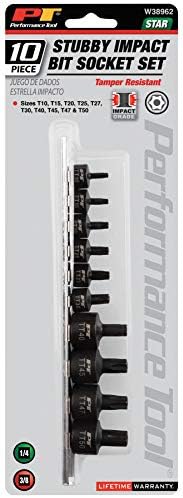 Performance Tool W38962 10-Piece Impact Tamper Star Bit Socket Set | 1/4 & 3/8 in. drive T10-T50. 40% shorter low profile for confined areas. CrMo steel. Includes storage rail