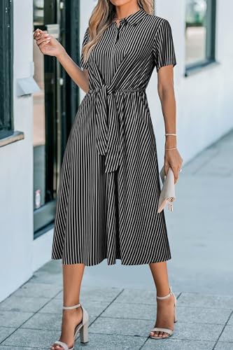 Newshows Women's Work Business Casual Outfits Tie Waist Midi Shirt Dress