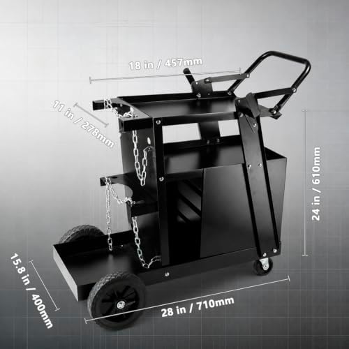 Welding Cart, 2-Tier 4-Drawer Welder Cart with 265LBS Load Capacity, Dual Cylinder Slots & Safety Chains, 360° Swivel Wheels, Heavy Duty Rolling Cart for MIG Welder & Plasma Cutter