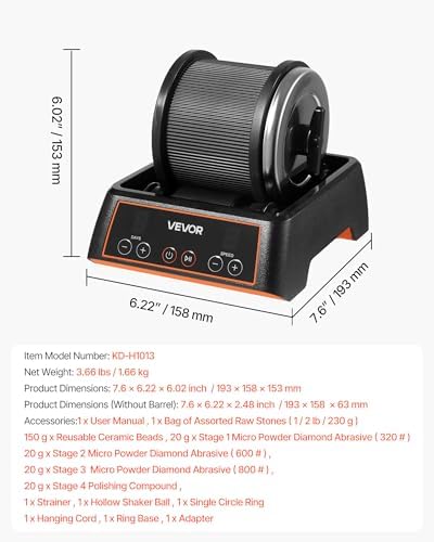 VEVOR Rock Tumbler, 1 lb Rock Polishing Machine, Rocks Tumbling Kit with 4-Speed Adjustment, 1–9 Day Timer, Direct Drive Motor Rocks Polishing Kit for Rose Quartz, Amethyst, Quiet Operation