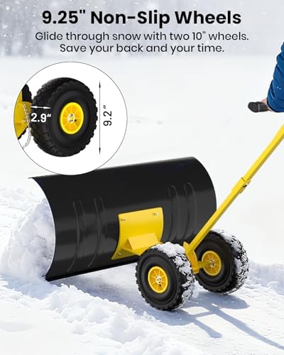 Garvee Snow Pusher with Wheels, 29" Heavy Duty Steel Blade, Adjustable Angle & Height Handle for Effortless Driveway Snow Removal, Ground Protection Base.