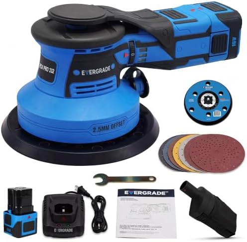 EVERGRADE Cordless Professional DA Random Orbital Sander, AWARD WINNING BRAND, Pneumatic-Performance, 16V Brushless Palm Sander, 3/32" (2.5mm) Offset for Wood, Auto Body, Paint Prep (EVK-332SK5)