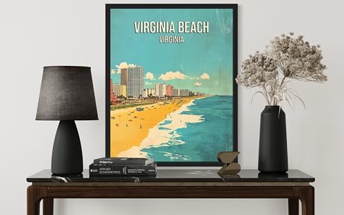 Virginia Beach Virginia Black Framed Wall Art Print Poster, US Vintage Retro Beach Scenery Posters Prints for Restroom Home Picture Painting Artwork Gallery 219 (Virginia Beach Virginia, 24"L x 18"W, Black Frame)