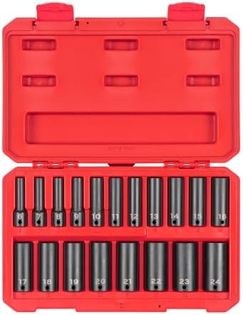 TEKTON 3/8 Inch Drive Impact Socket Set, 19-Piece | SID91307 | (6 - 24 mm), Deep, 12-Point, Case