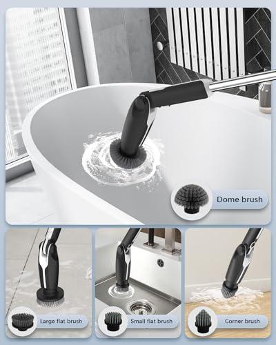 Leebein Electric Spin Scrubber, Shower Scrubber with 4 Adjustable Angles and 8 Brush Heads, Electric Scrubber with Long Handle & Remote Controller, Cleaning Brush for Bathroom, Tub, Floor (Black)